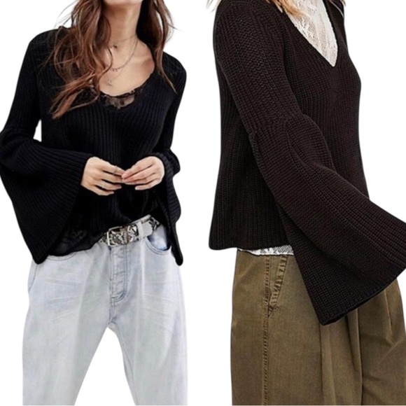 Free People V-Neck Cable Knit Bell Sleeve Sweater - Picture 2 of 6